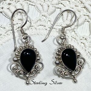Black Onyx Sterling Silver Mexico Filigree Dangle Earrings